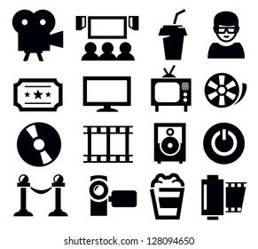 vector black movie icon set on gray