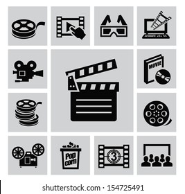 vector black movie icon set on gray