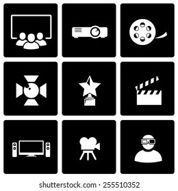 Vector black movie icon set on black background.