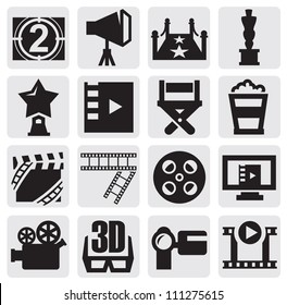 vector black movie icons set on gray