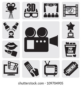 vector black movie technology icons set on gray