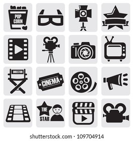 vector black movie technology icons set on gray