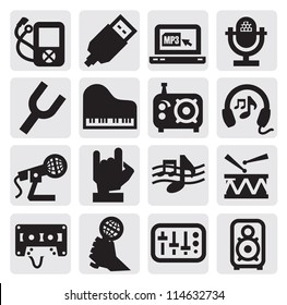 vector black music icons set on gray