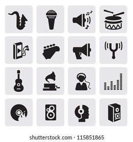 vector black music icons set on gray