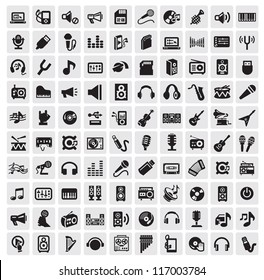 vector black music icons set on gray