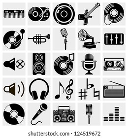 vector black music icons set on gray