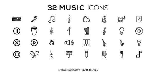 vector black music icons set on gray. Simple Set of Music Related Vector Line Icons. Contains such Icons as Guitar, Treble Clef, In-ear Headphones, Trumpet and more.