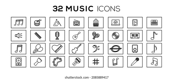 vector black music icons set on gray. Simple Set of Music Related Vector Line Icons. Contains such Icons as Guitar, Treble Clef, In-ear Headphones, Trumpet and more.
