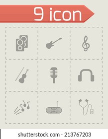 Vector black music icons set on grey background