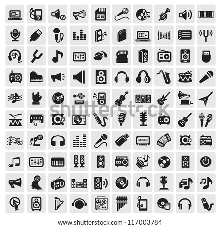 vector black music icons set on gray