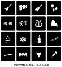 Vector black music instruments icon set on black background.