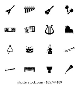 Vector black music instruments icons set on white background