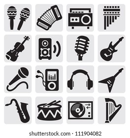 vector black musical instruments icons set on gray