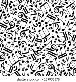 Vector black musical notes and treble clefs seamless pattern on white background. 