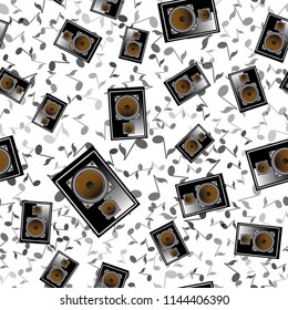 Vector Black Musical Speaker Seamless Pattern with Notes on White Background