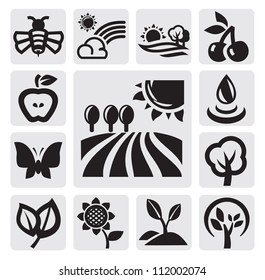 vector black nature icons set on gray