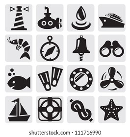 vector black nautical icons set on gray