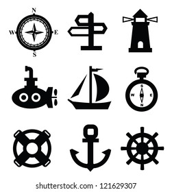vector black nautical icons set on gray