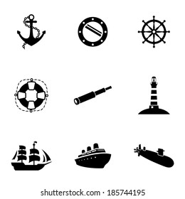 Vector black nautical icons set white background