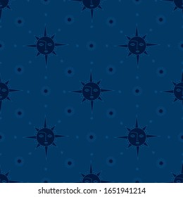 Vector black and navy blue occult witch and magic repeat seamless pattern background. Sun charm.Perfect for fabric, print on demand, wallpapers and crafting projects