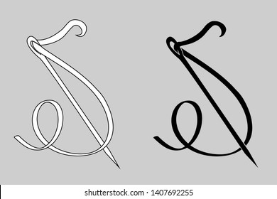 Vector black and with needle with thread. Silhouette and and line art of sharp needles