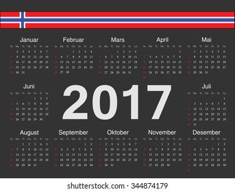 Vector black Norwegian circle calendar 2017. Week starts from Sunday.