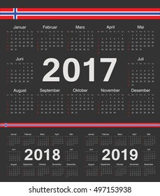 Vector black Norwegian circle calendars 2017, 2018, 2019. Week starts from Sunday.