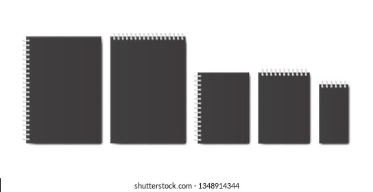 Vector black notebook set, realistic illustration on white background