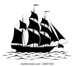 Vector - Black old ship and waves isolated on white (all parts of the illustration could be easy modified)