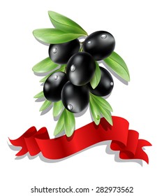 vector black olive branch with red ribbon on white background ( isolated)