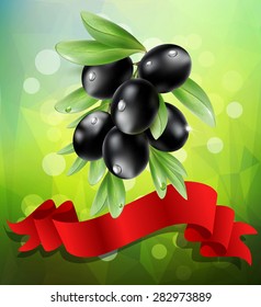 vector black  olive branch with red ribbon on a green background with bokeh
