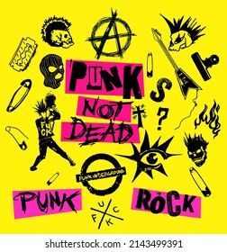 Vector negro sobre conjunto amarillo de símbolos punk y anarquía, cráneos, guitarras y diseño tipográfico al estilo de rock punk de los años 70.