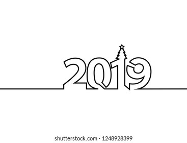 Vector black one continuous line drawing 2019, vector line art of 2019 numbers with christmas tree with star