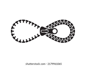 Vector de cremallera abierta negra formando un símbolo de infinito. Aislado sobre fondo blanco