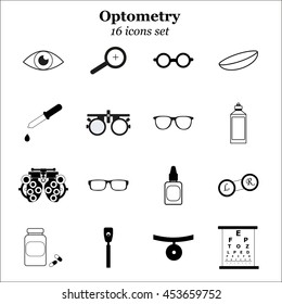 Vector Black Optometry Icon Set. Optician, Ophtalmology, Vision Correction, Eye Test, Eye Care, Eye Diagnostic