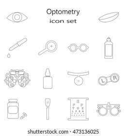 Vector black optometry icon set in thin line style. Optician, ophtalmology, vision correction, eye test, eye care, eye diagnostic