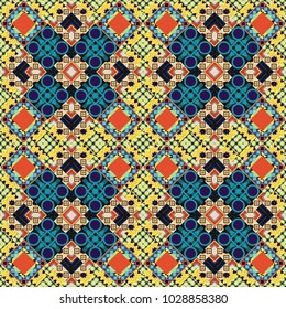 Vector black, orange and blue seamless background pattern with rhombuses.