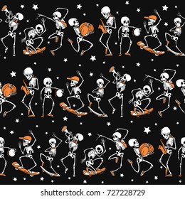 Vector black, orange dancing and skateboarding skeletons Haloween repeat pattern background. Great for spooky fun party themed fabric, gifts, giftwrap.