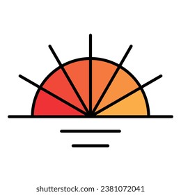 Dibujo vectorial de gradiente negro y naranja del sol al atardecer en el mar aislado en un fondo blanco