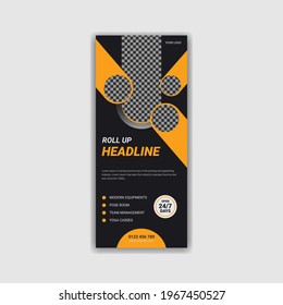 Vector black with orange, gray and black diagonals roll-up banner with place for photo. A template with blue and orange elements for sport advertising modern style signage standee pull up Fitness Gym