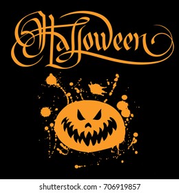 vector black and orange illustration for holiday Halloween with smiling pumpkin and Gothic calligraphy, illustration of paints with a spray of a funny monster and letting for a design