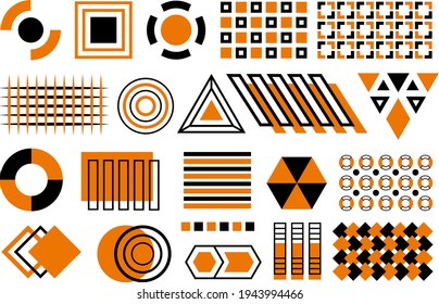 Vektorschwarz-orangefarbene Memphis-Kollektion. Satz von geometrischen, schwarz-orangen Flachformen, Memphis-Design-Elemente.