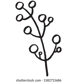 Vector black outline christmas simple holly plant with berry. Christmas winter illustration for children, adult coloring books.