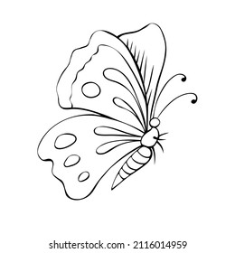 Vector black outline cute butterfly in Doodle style. Simple outline design element, clip art for spring, summer