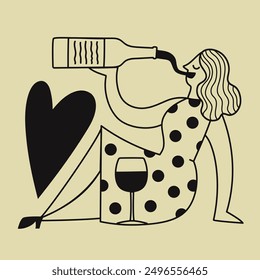 Vector black outline doodle style illustration with woman drinking wine from a bottle. Big heart and glass. Funny restaurant, bar and home wall decoration poster, apparel print design