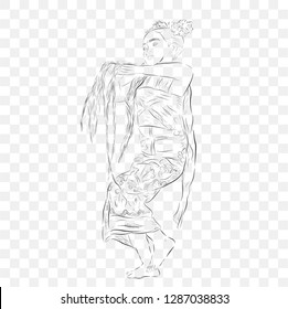 Vector Black Outline Doodle, Young Girl Traditional Bali Indonesia Traditional Dancer in Action, at Transparent Effect Background

