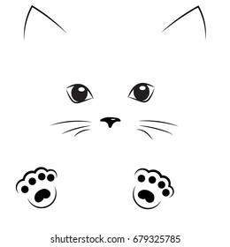 Vector Black Outline Drawing Cute Cat Face With Paws