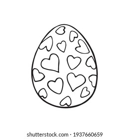Vector black outline easter egg with hearts. Holiday illustration in hand drawn doodle style for gift card certificate banner sticker, stamp, logo, icon label, coloring book page
