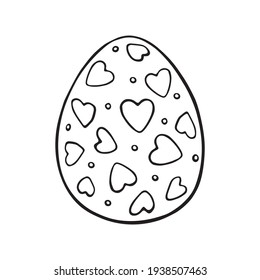 Vector black outline easter egg with hearts. Holiday illustration in hand drawn doodle style for gift card certificate banner sticker, stamp, logo, icon label, coloring book page