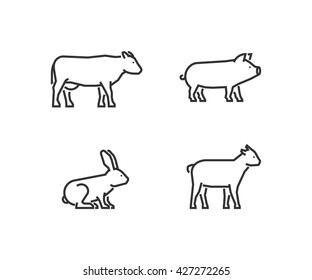 Vector black outline farm animals. Line silhouettes cow, pig, rabbit and goat isolated on white.